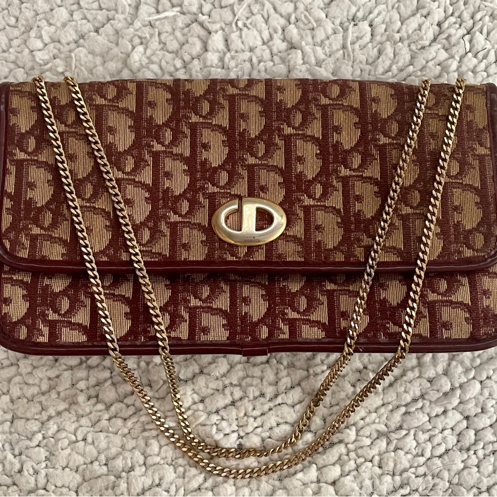 CHRISTIAN DIOR  Chain Shoulder Clutch Bag Canvas Leather Bordeaux Vintage